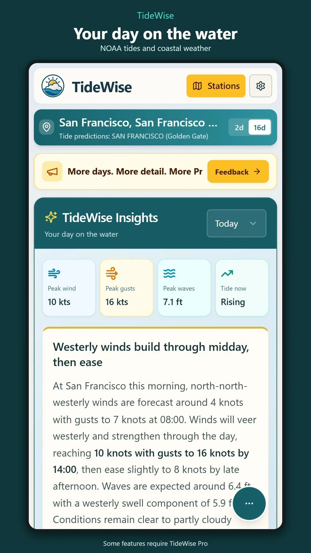 TideWise showing San Francisco tide predictions and today's coastal insights