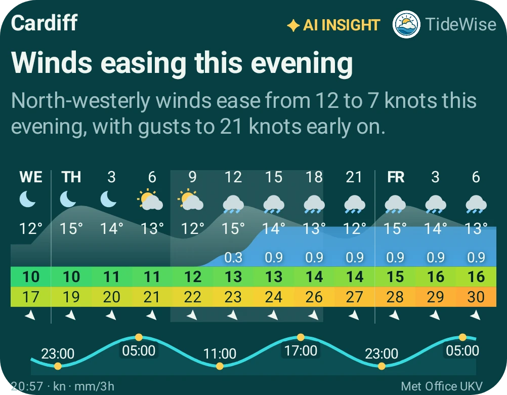 Combined Forecast and Insight Android widget for Cardiff, showing an AI briefing, weather icons, temperature and rain profiles, wind and gust rows, and a tide curve